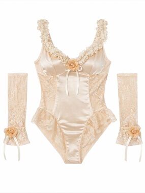 Dolls Kill Cream Satin & Lace Teddy with Rosette Details